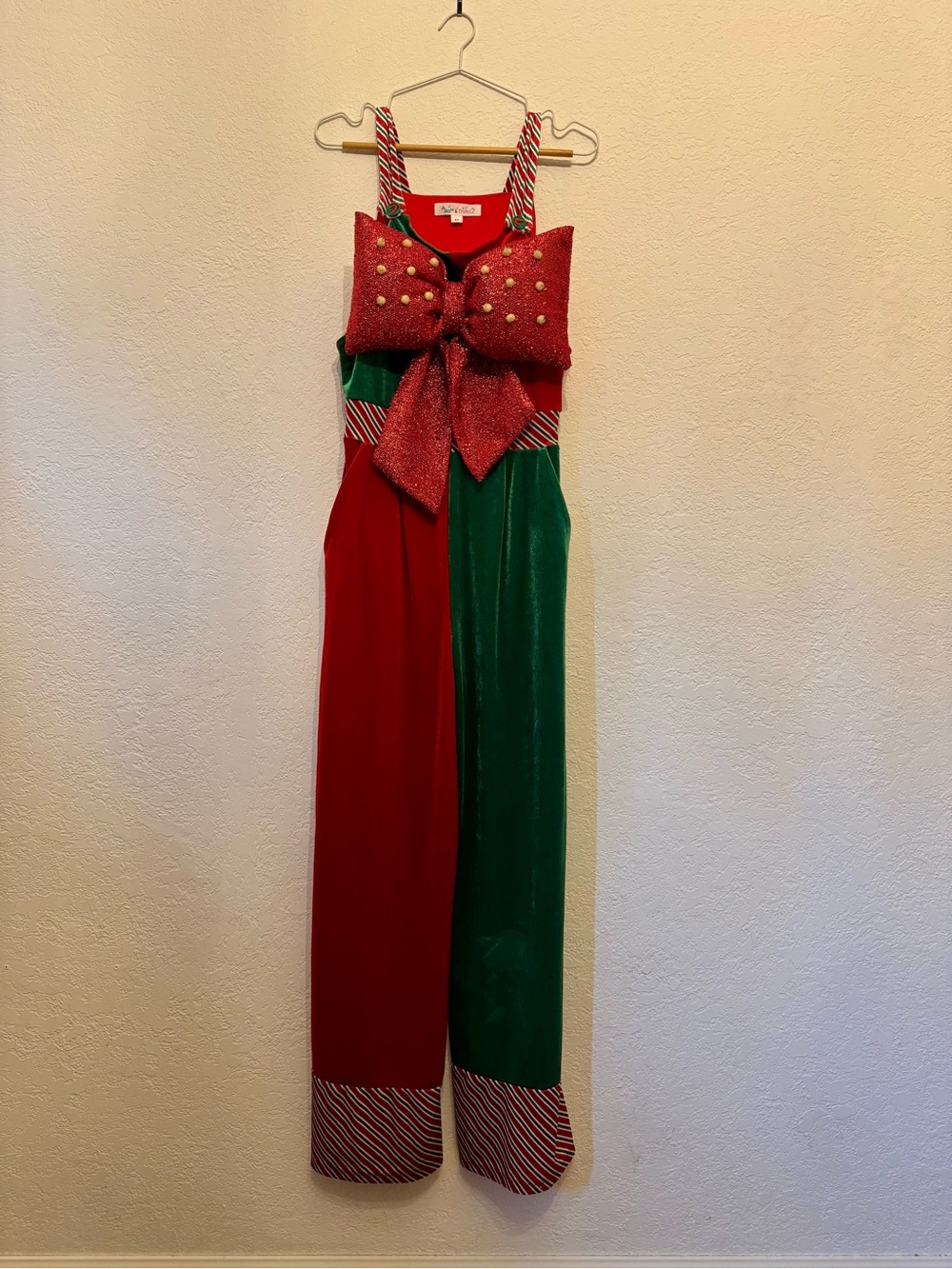 Festive Red and Green Bow-Front Wide-Leg Jumpsuit